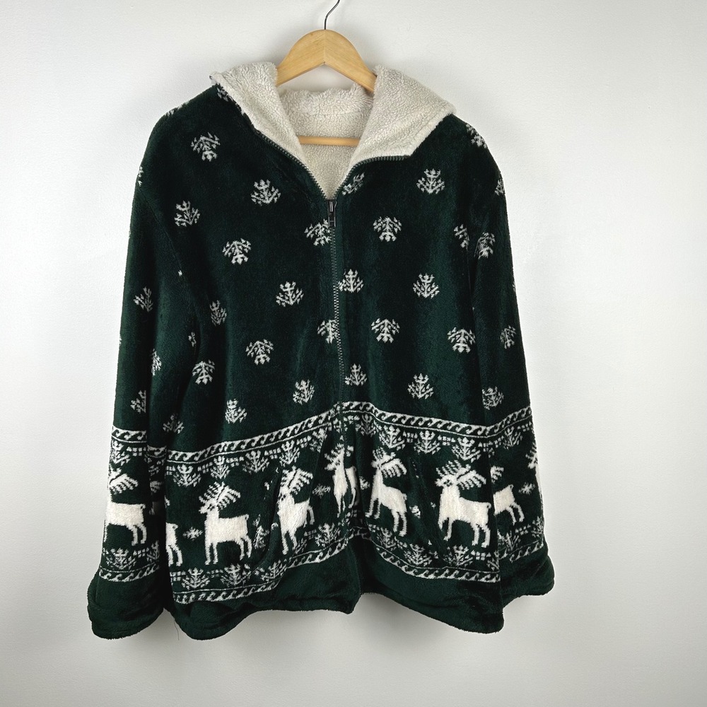 Vintage Arctic Circle Fleece Hoodie Sherpa Lined Green Reindeer Snowflake Size L